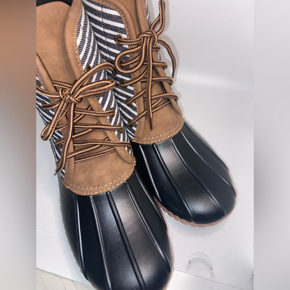 MARLEYLILLY~Navy/white/tan ticking fabric duck boots~Women’s size 10~EUC - Picture 5 of 7